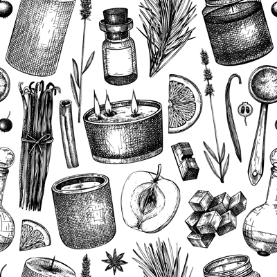 Aromatic candle ingredients seamless pattern. Vector background with hand-sketched materials for candles, soap, cosmetics, perfumery. The natural backdrop for wrapping paper, packaging, textile.